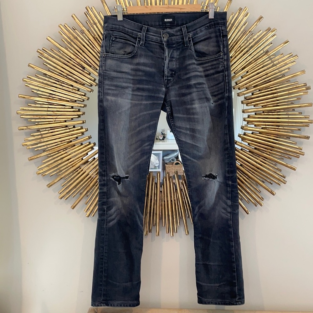 Hudson Black MidRise Ripped Straight Jeans